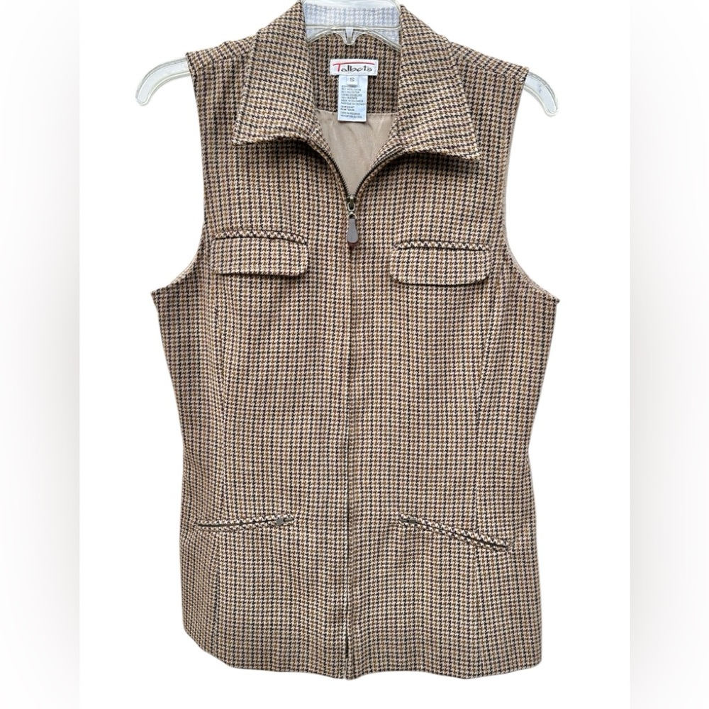 Vintage TALBOTS Brown Wool Herringbone 90s Preppy Equestrian Zipper Vest Size S